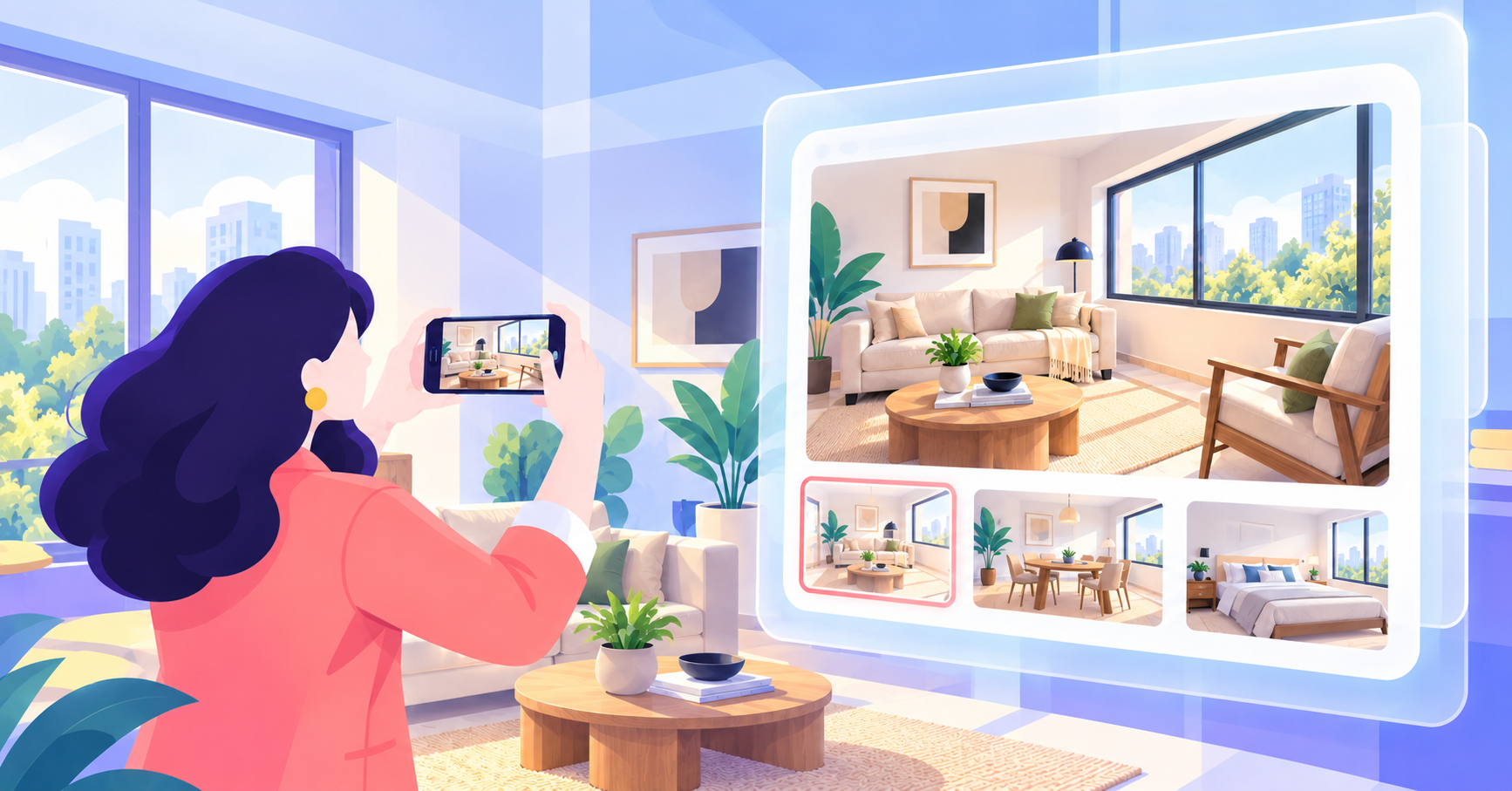 Ilustración de una asesora fotografiando una sala iluminada, junto a un anuncio que muestra las fotos de la propiedad.