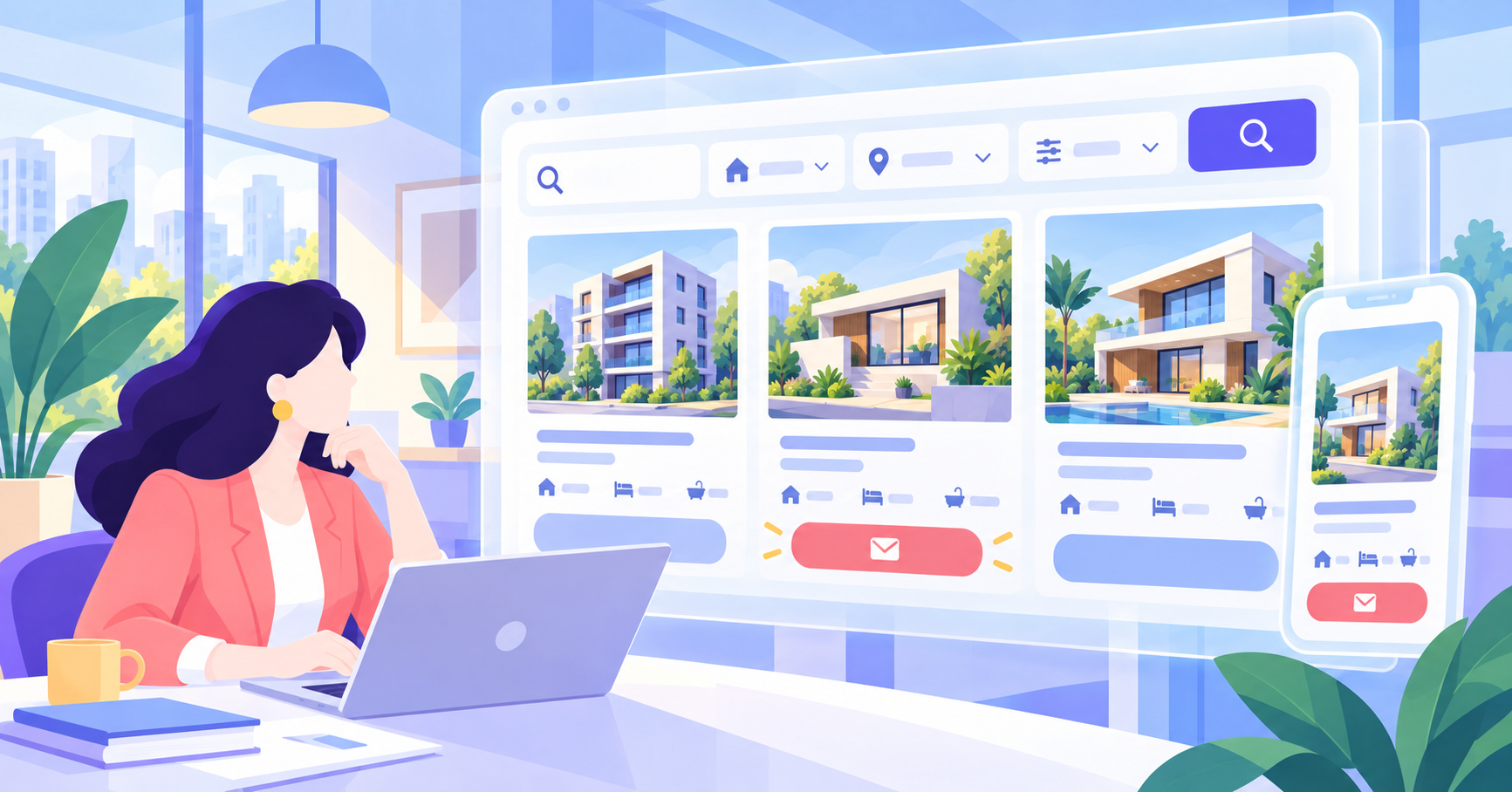 Ilustración de una asesora revisando un sitio web inmobiliario con buscador y anuncios de propiedades.
