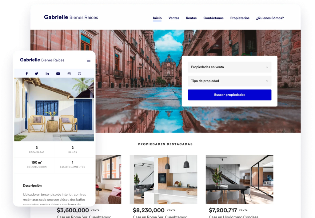 Image donde se muestra la página de inicio de un sitio web inmobiliario tanto en desktop como en celular.