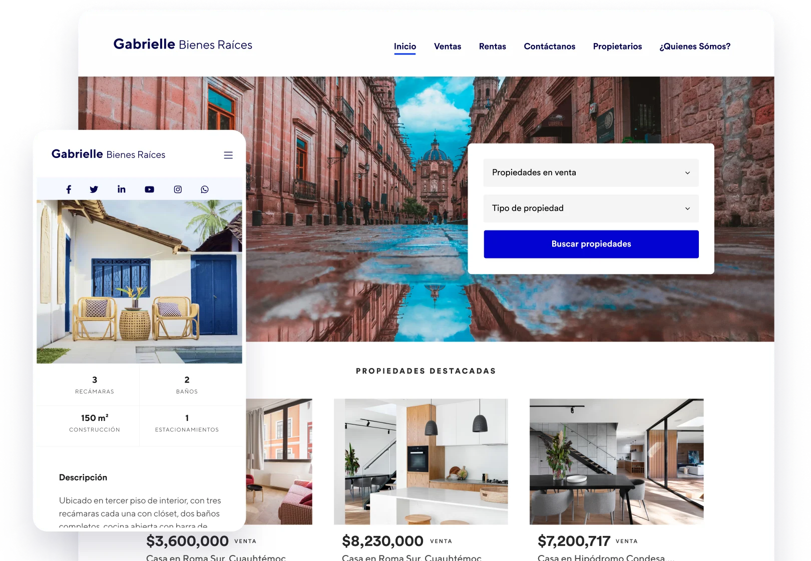 Image donde se muestra la página de inicio de un sitio web inmobiliario tanto en desktop como en celular.