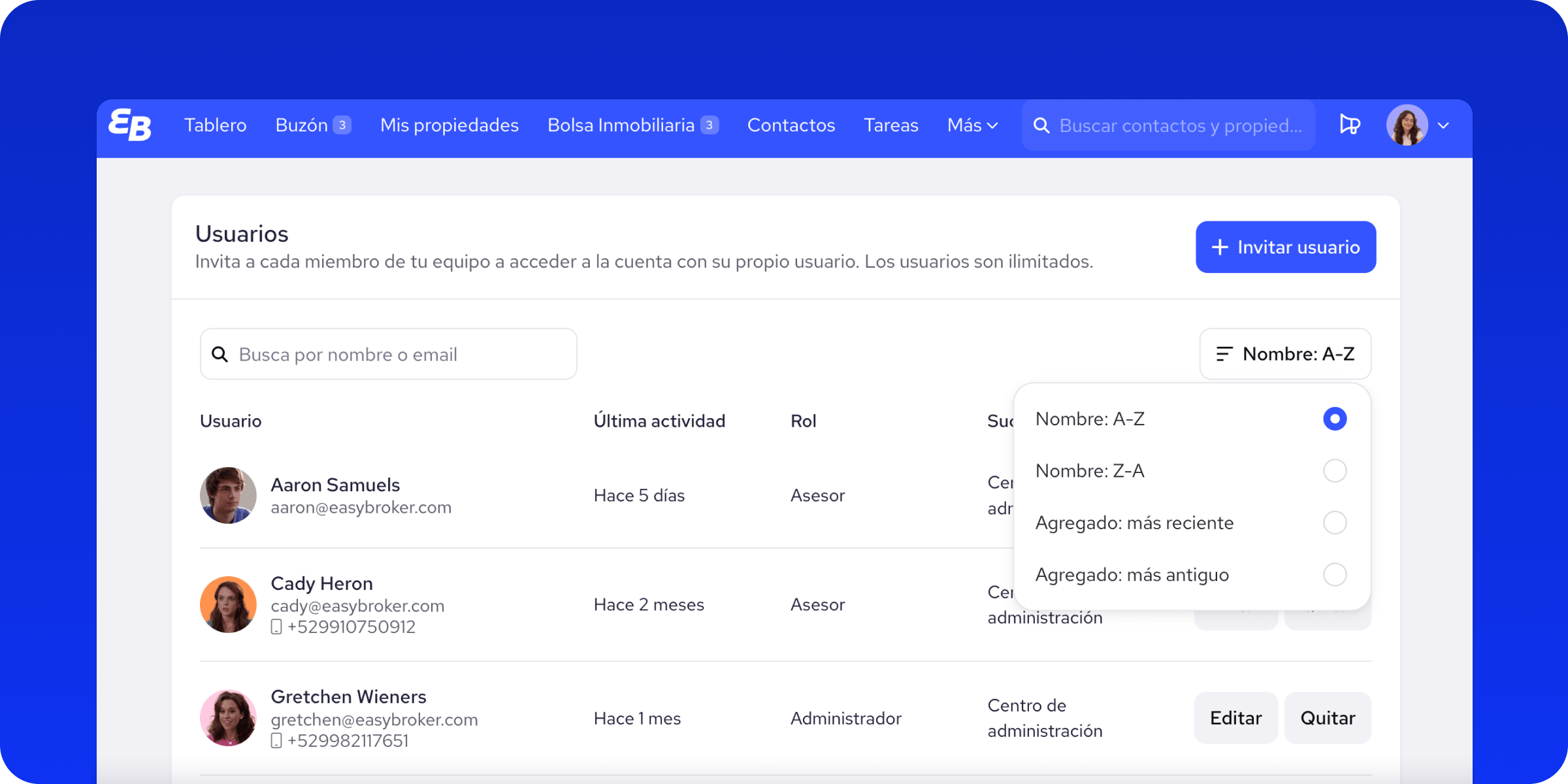 Busca y ordena la lista de usuarios de tu equipo